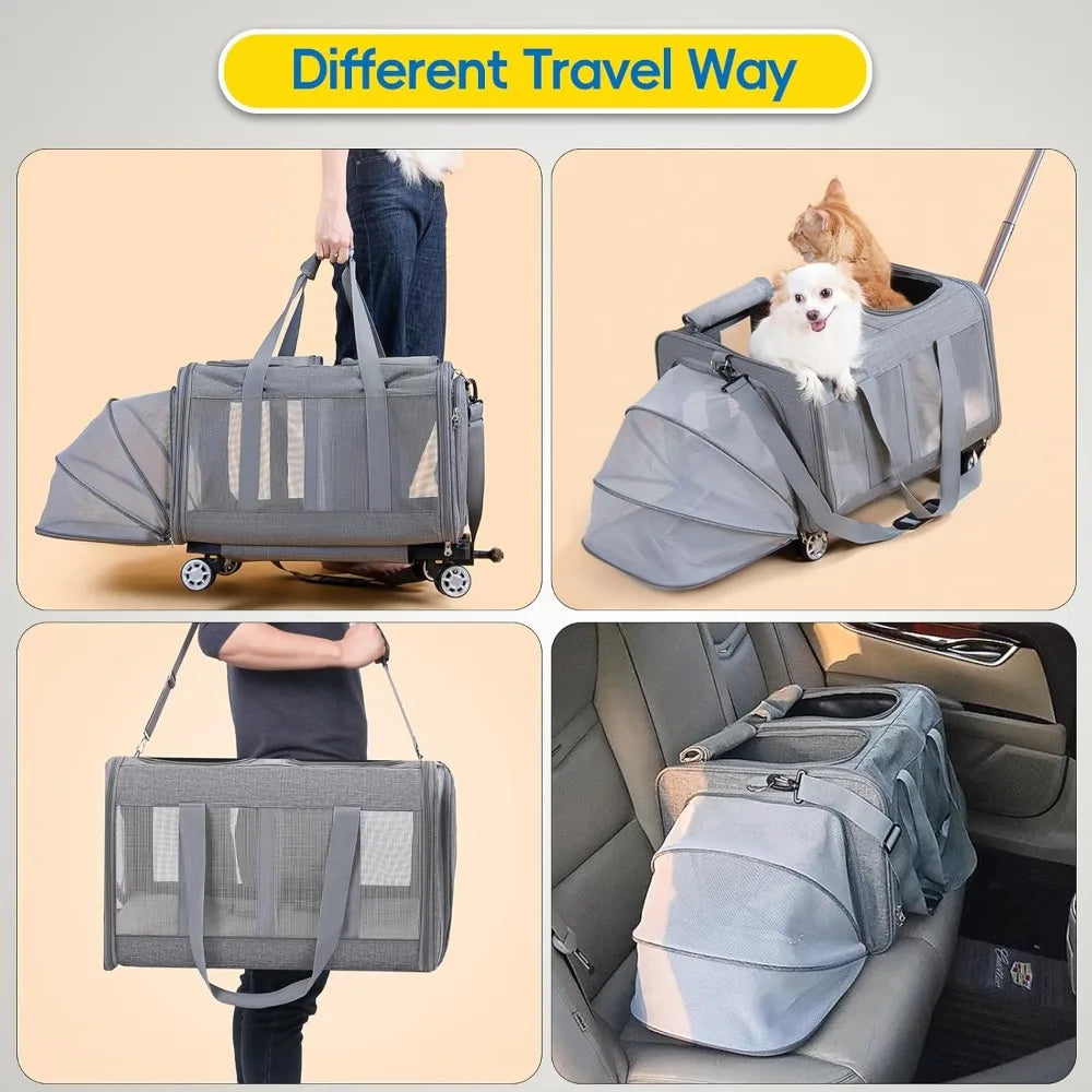 Expandable Pet Carrier with Wheels, Double Cat Dog Carrier 21x 17x 16 up to 40 Lbs, Rolling Pet Carrier for Cats and Dogs, Extra