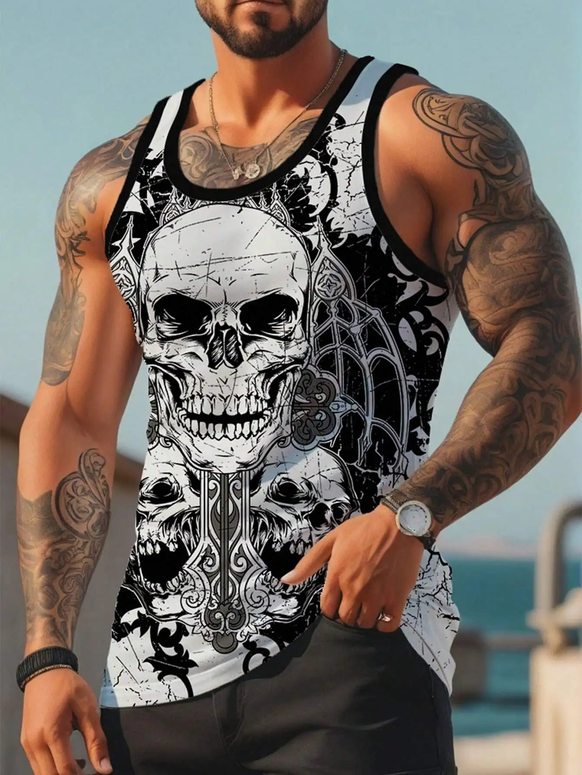 Men's Gothic Skull Print Sleeveless Tank Top - Casual Summer Wear
