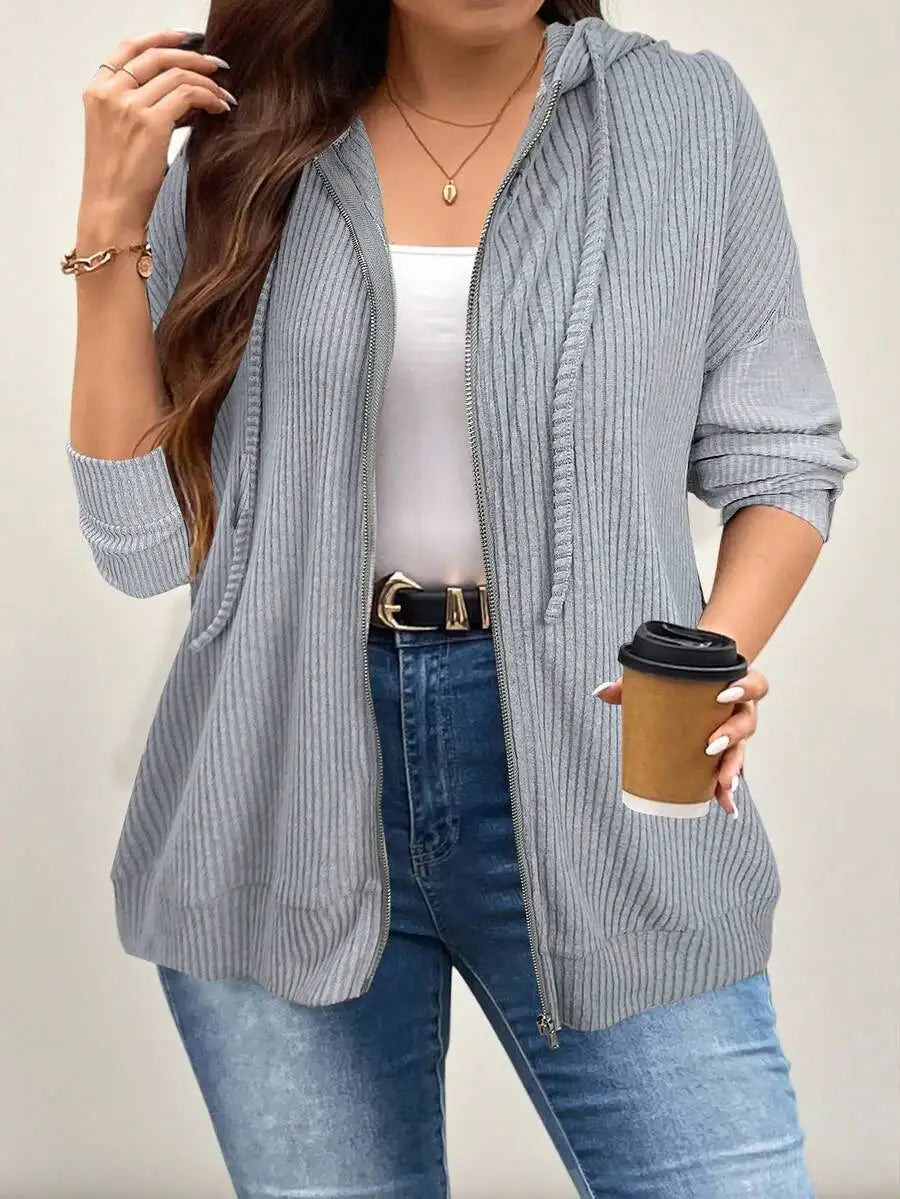 Gray Ribbed Drop Shoulder Zip-Up Hoodie with Drawstring for Spring Fall Casual Wear