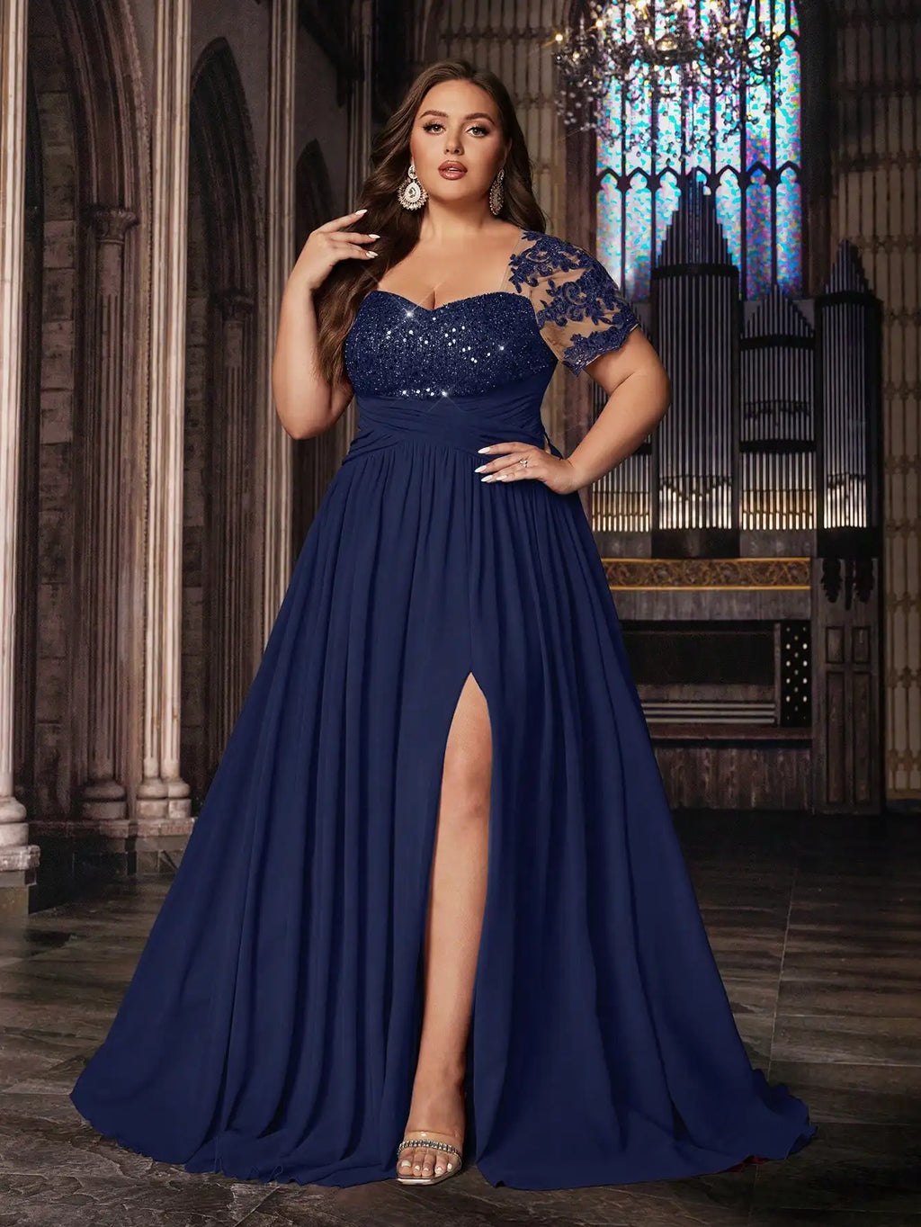 Plus Size Women Solid Green Sequined Applique Short Sleeve Floor Length Gown Dress