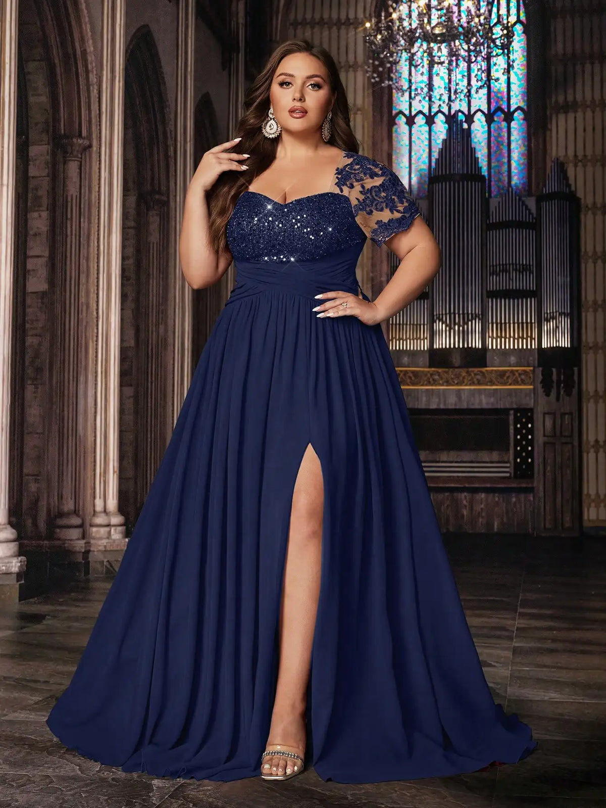 Plus Size Women Solid Green Sequined Applique Short Sleeve Floor Length Gown Dress
