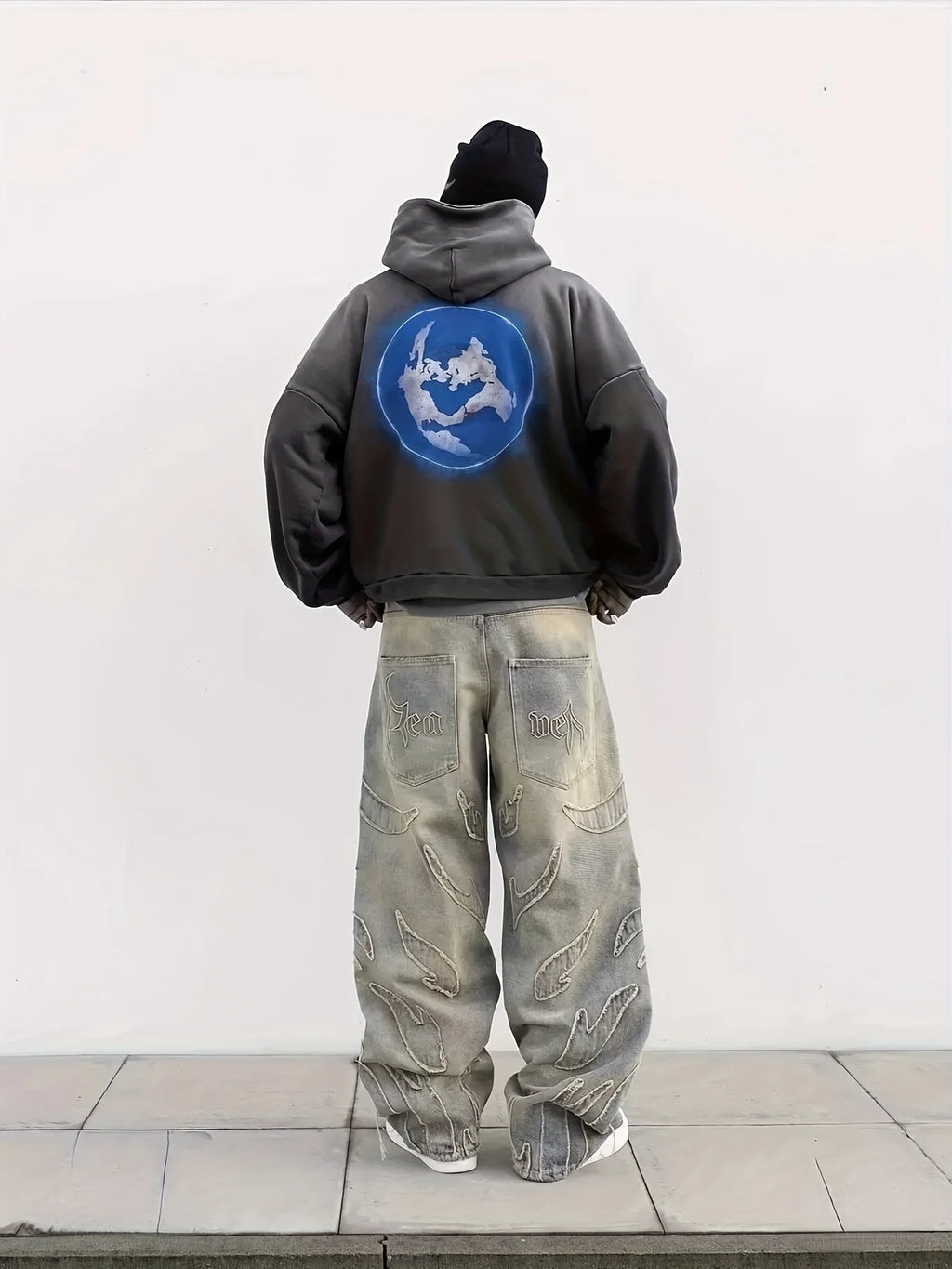 Men's Loose Aesthetic Streetwear Jeans, Men's Retro Fashion Wide-Leg Denim Pants, Pattern Embroidery Designer Hip-Hop Style Denim Pants