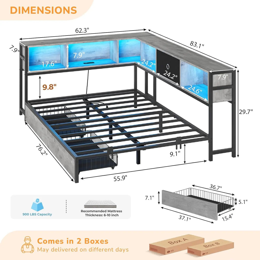 Corner Full Bed Frame LED Bookcase Storage Drawers Charging Station Metal Platform Daybed Bedroom Guest Room Oak Gray, Customize