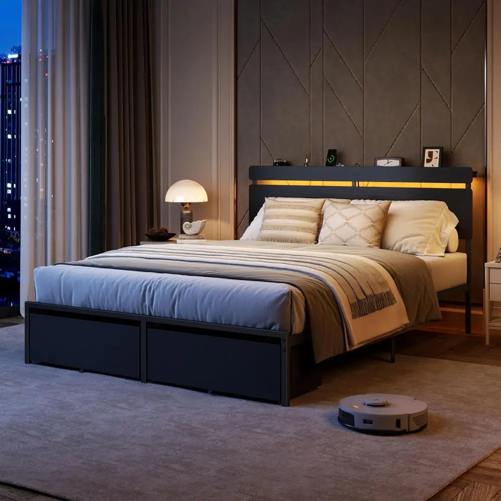 Queen Size Bed with Wooden Slat Support, Black Platform Design, Storage Drawers, Built-in Charging Station, LED Lighting, Metal