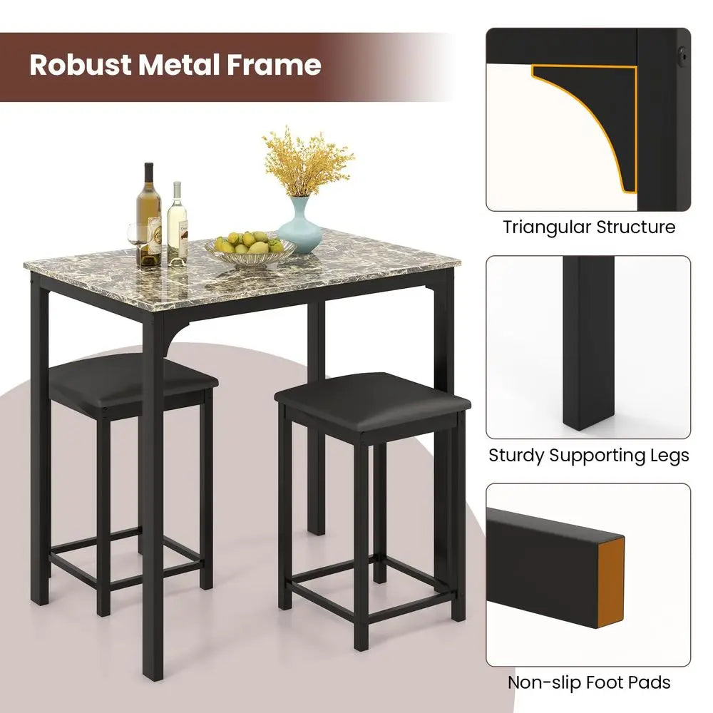 3Piece Dining Table Set for 2, Kitchen Counter Height Table and Chairs Set with Faux Marble Tabletop, Padded Stools, Modern Bar