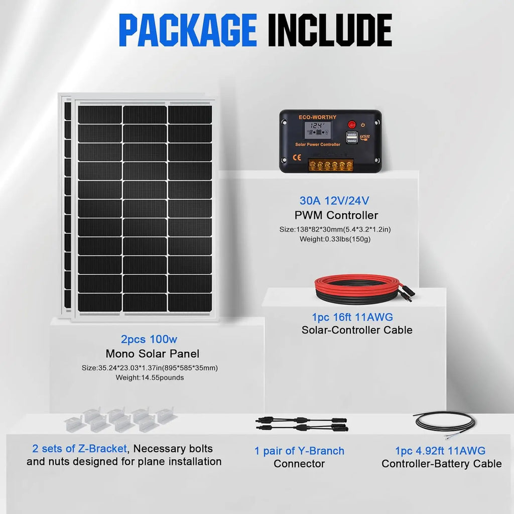 200W 12V/24V Solar Panel Kit with High-Efficiency Monocrystalline Panels & 30A PWM Controller for RV, Camper, Off-Grid Use