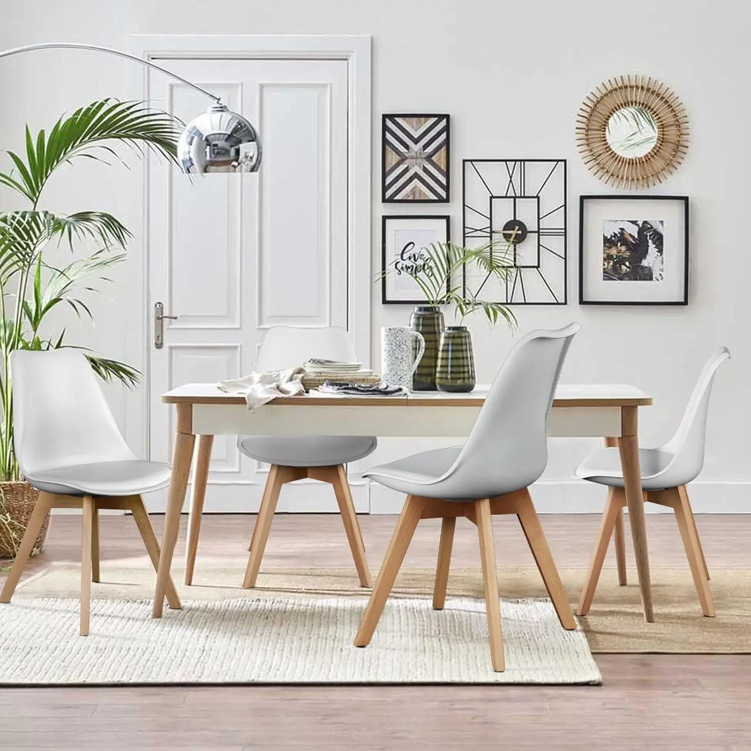 Set of 4 Modern Dining Chairs with Wood Legs and PU Leather Cushion for Kitchen Living Room