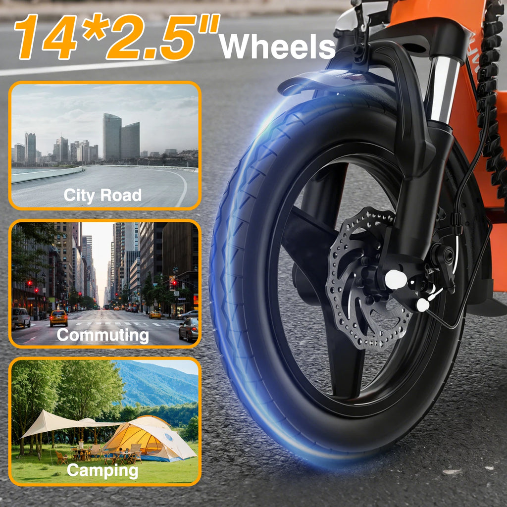 Bodywel T3 Electric Bike for Adults Electric Scooter with Seat, 14" Fat Tire E-bike, 500W 48V 9AH,Foldable ebike with Basket