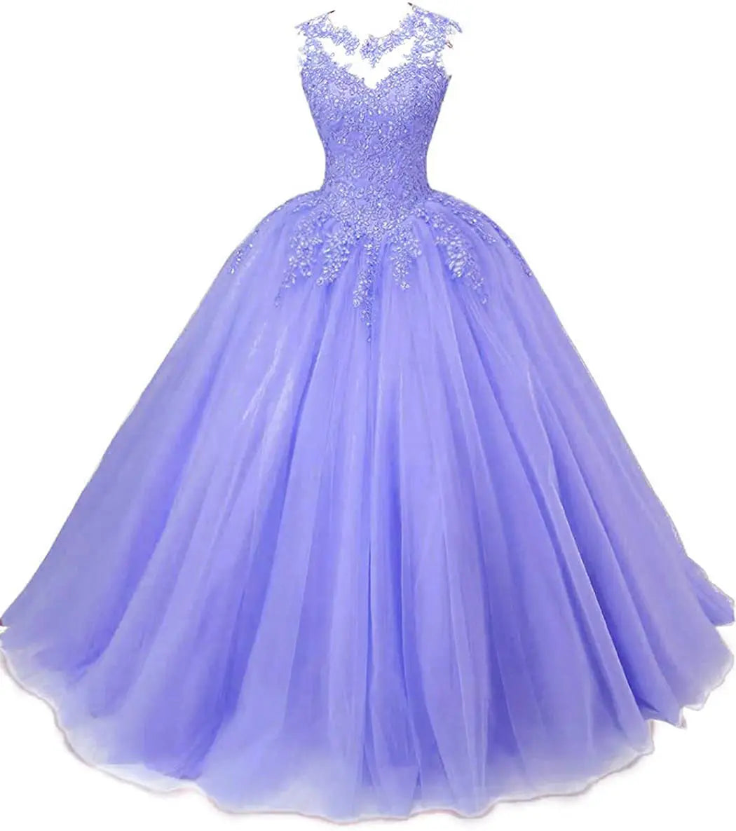 Women's Beaded Appliques Prom Dress Long Ball Gown Quinceanera Dresses Tulle Formal Sweet 16 Dress for Teens