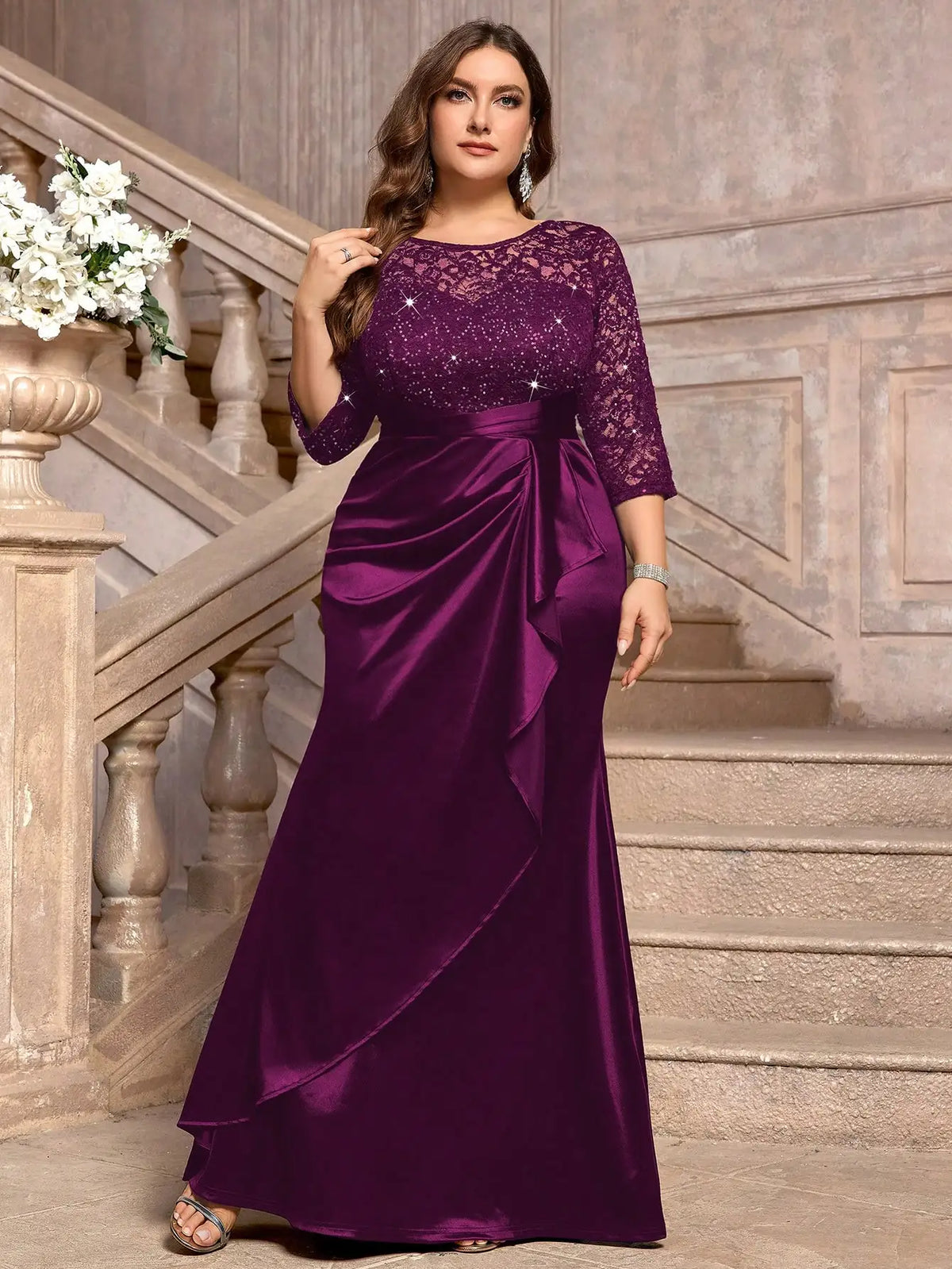 Sequin Floral Lace Ruffle Satin Maxi Dress For Evening Wedding Guest Gala