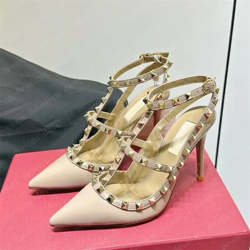 High heels designer sandals classics metal buckle pointed toe thin heel summer valentinolies luxurys brand genuine leather woman