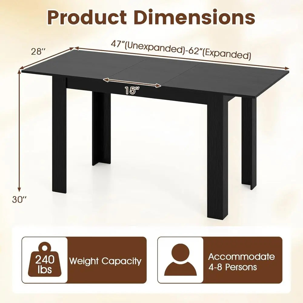 47-62 Inch Extendable Dining Table with L-Shaped Legs for Kitchen & Dining Rooms - Black