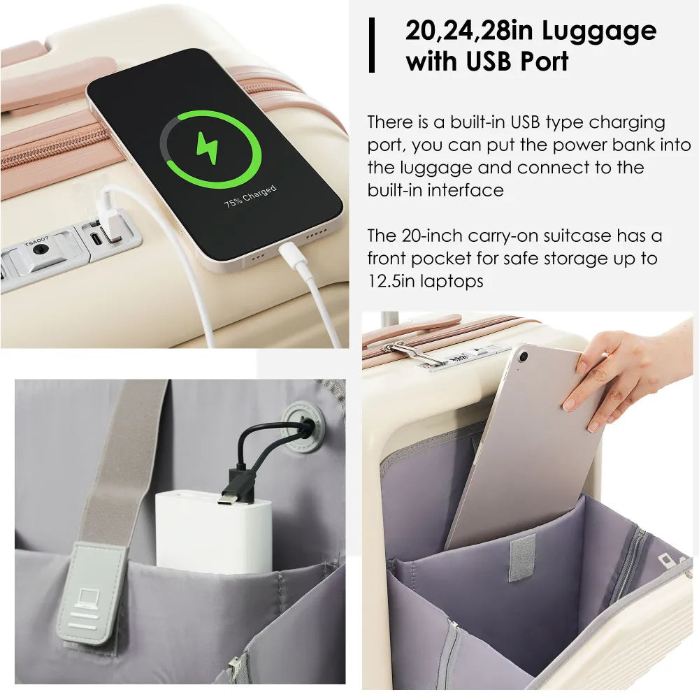 Luggage Set of 3 20 24 28inch with USB Port 20 24inch Front Opening Design Airline Certified Carry on Luggage with Cup Holder