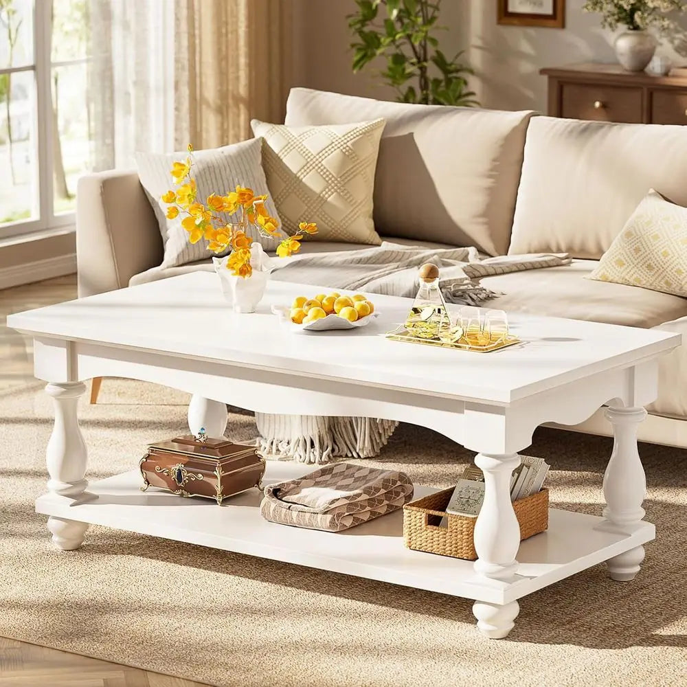 armhouse Coee Table with Storage, Century Coee Tables or Living Room, 47 inch ern 2-Tier White Coee Table with Solid Wood Legs,