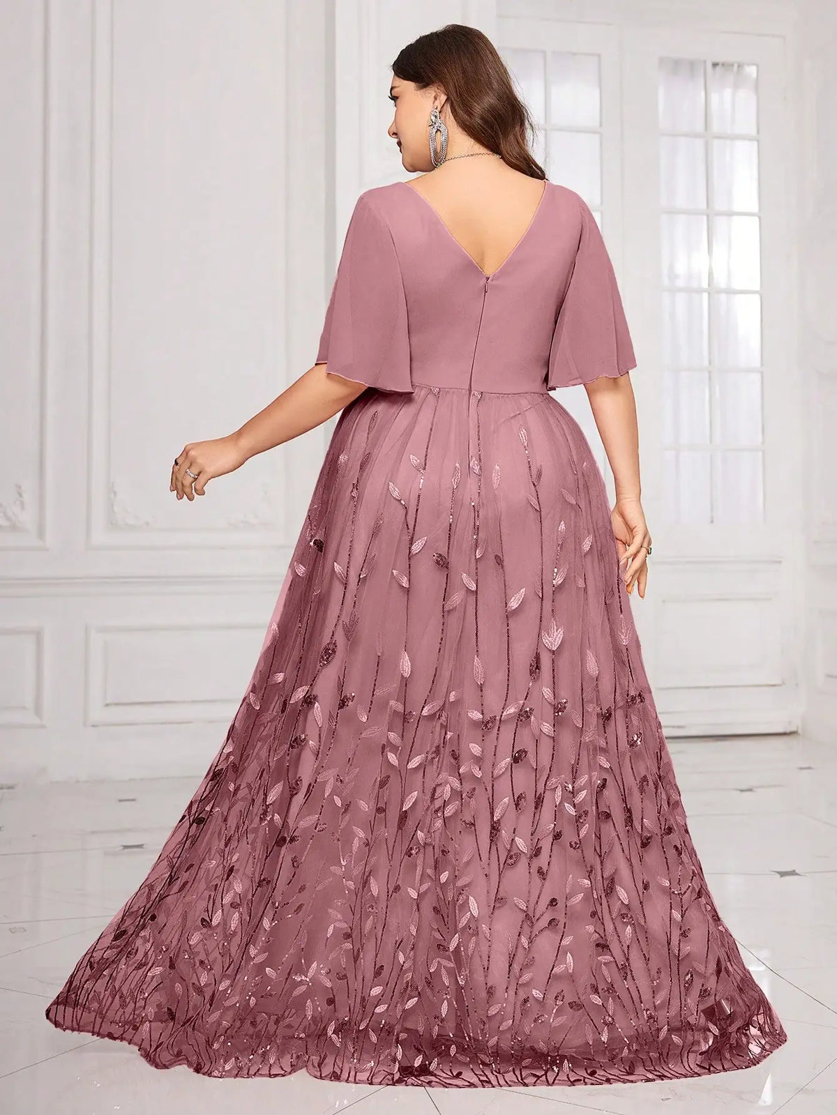 Plus Size V-Neck Flounce Sleeve Leaf Mesh Embroidered Formal Evening Gown