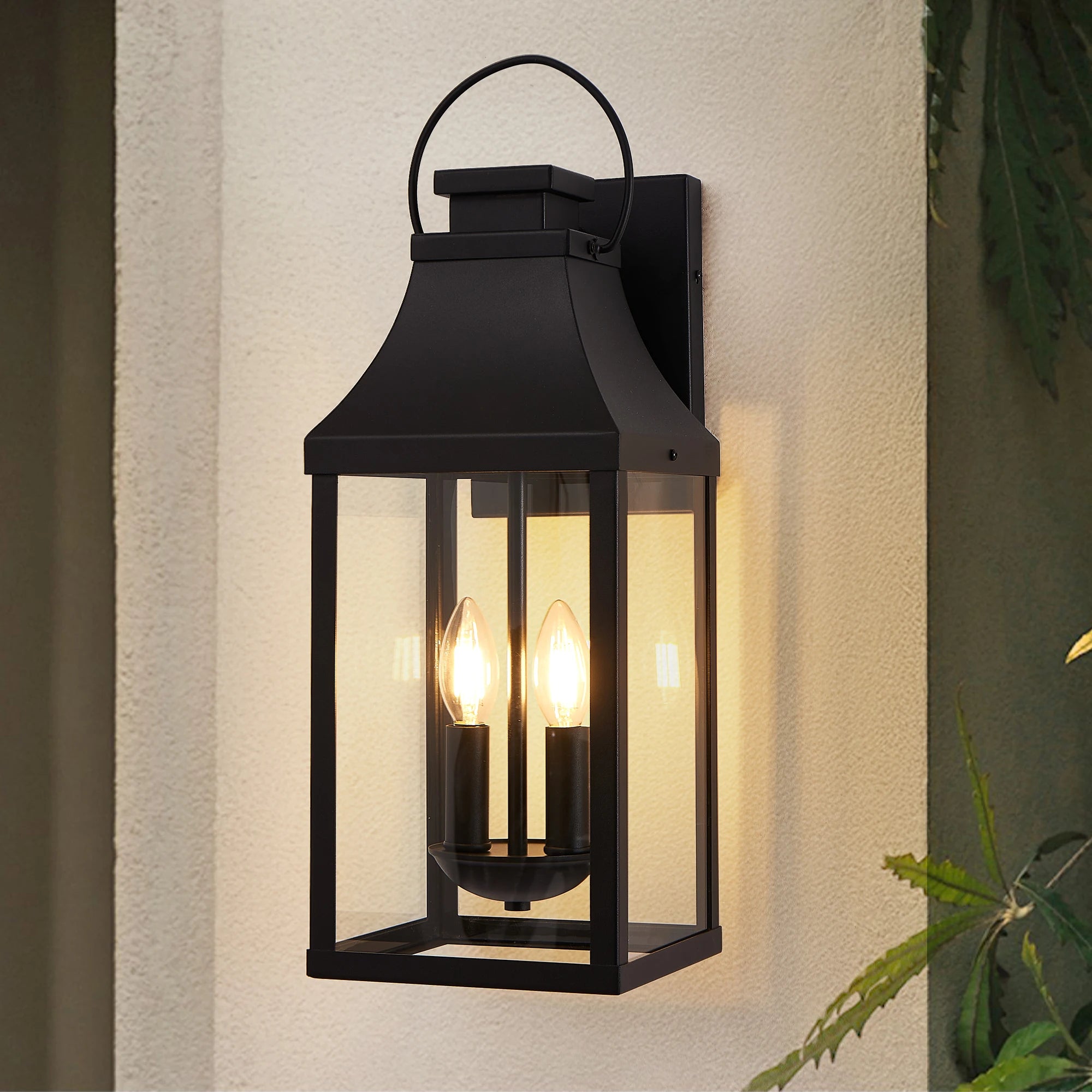20" 2-Light Outdoor Wall Lantern Black Metal Clear Glass E12 Base Weatherproof for Porch Garage Exterior Hardwired 120V No Bulbs