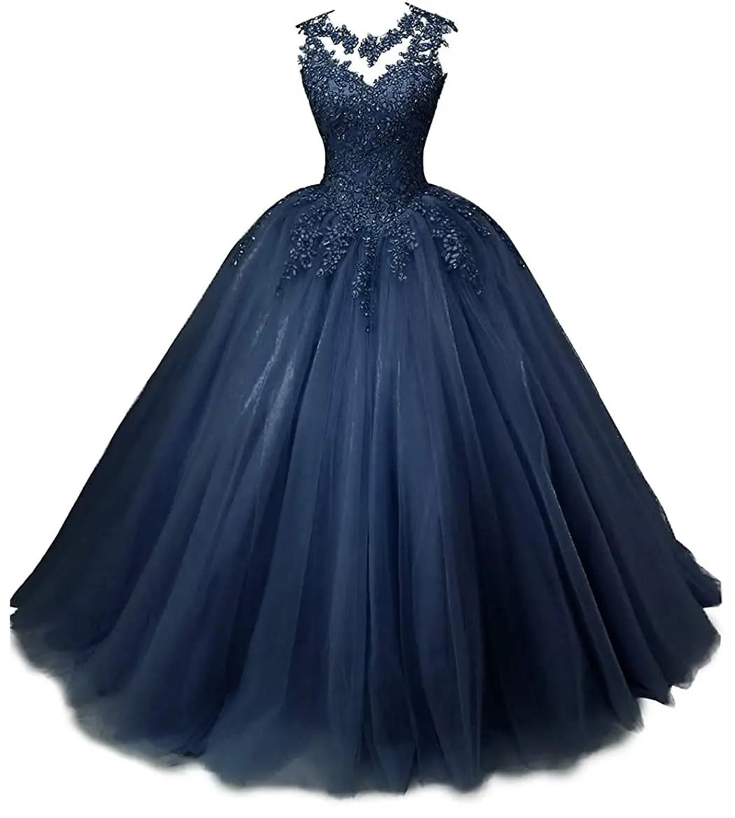 Women's Beaded Appliques Prom Dress Long Ball Gown Quinceanera Dresses Tulle Formal Sweet 16 Dress for Teens