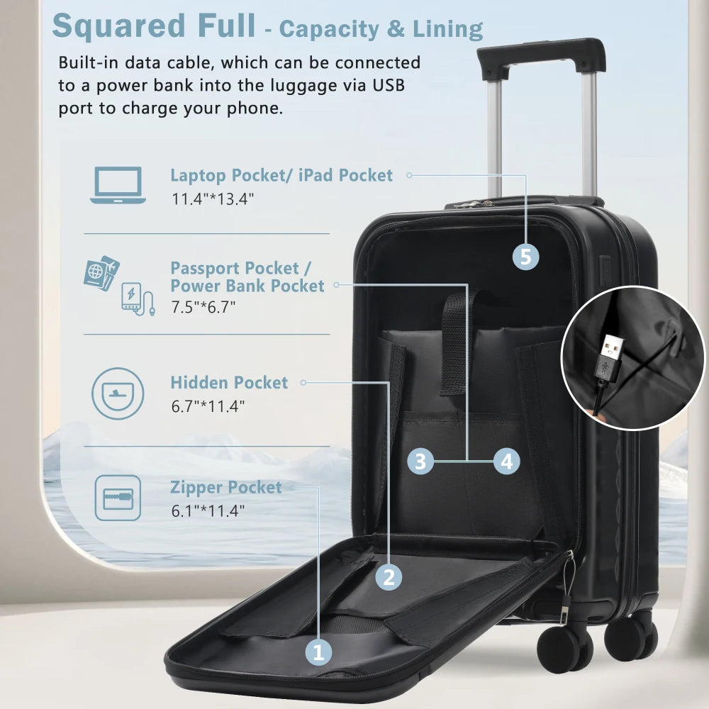 3PCS Front Opening Hardside Expandable Luggage Set Carry on Suitcase USB Port TSA Lock Spinner Wheels & Handle Bag