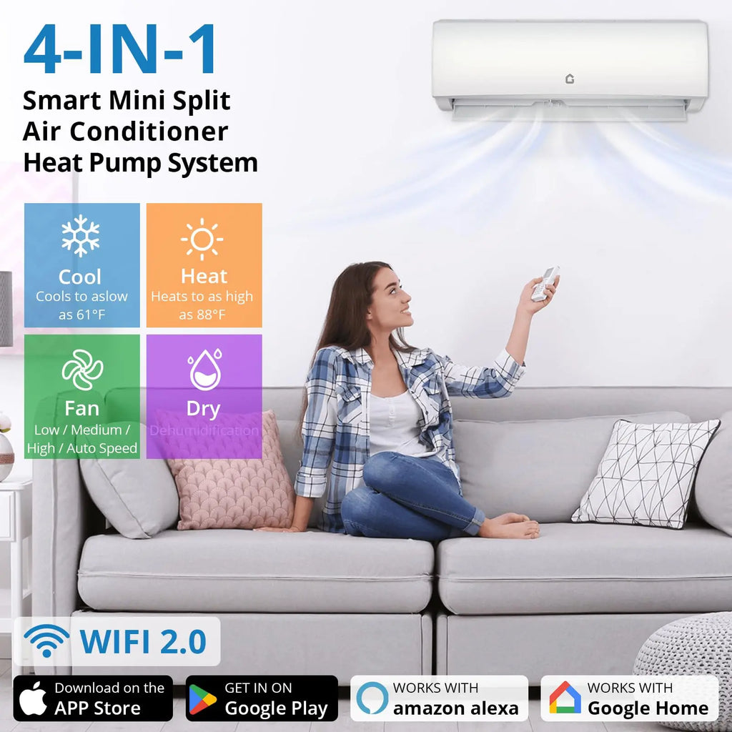 4-in-1 Mini Split Air Conditioner, 9000BTU Smart Wall Mounted AC & Heat Pump For 750 Sq Ft Room, 208-230V/60Hz