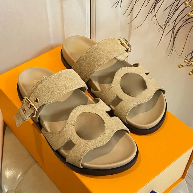 Ladies Velvety Suede Baby Goat Leather Sandals Designer Isola Line sandals Adjustable Buckle Strap Rubber Outsole Size 35 42