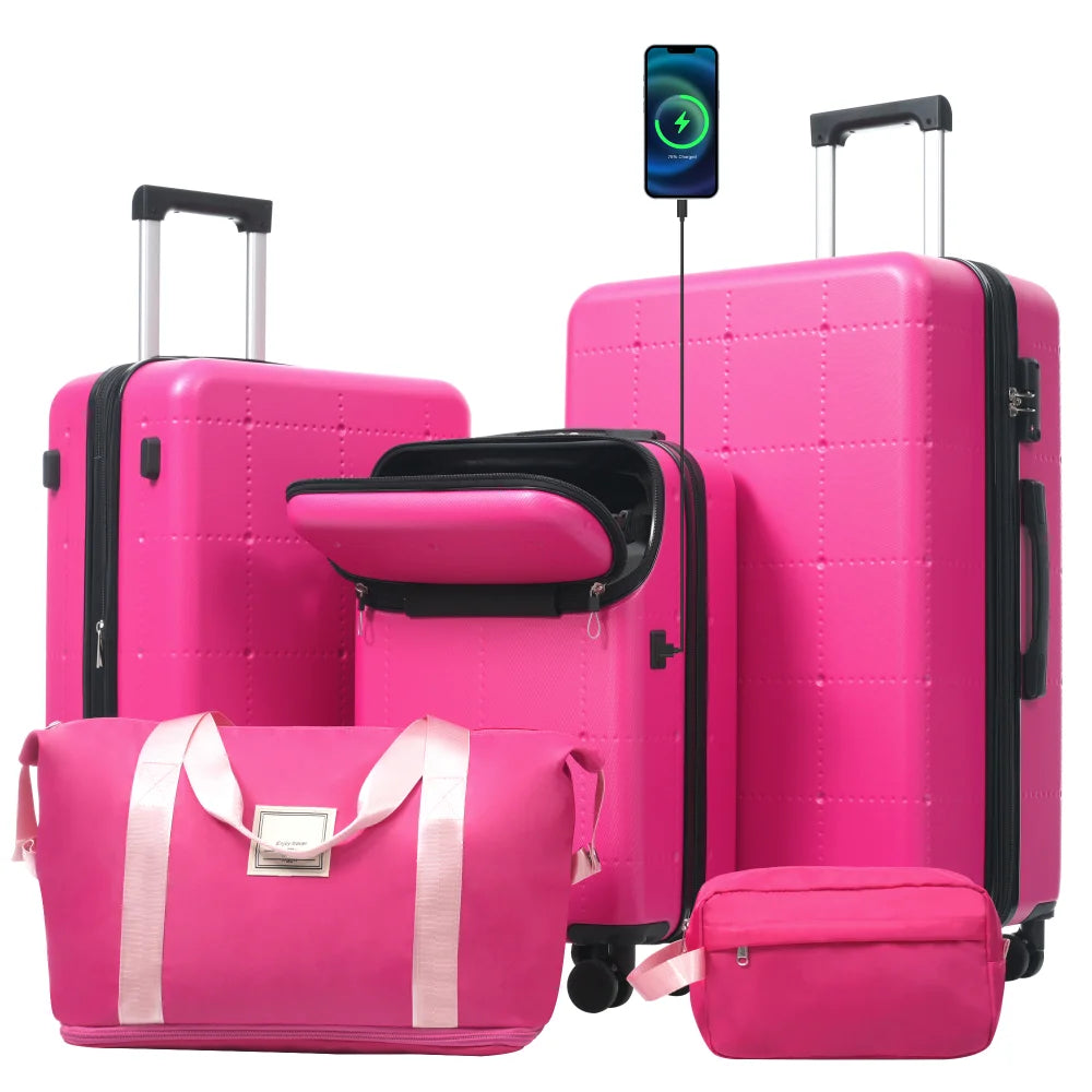 Hardside Expandable 5PCS Luggage Set with Bags 20" Half Opening Carry On USB TSA Lock Double Spinner Wheels 24" 28"