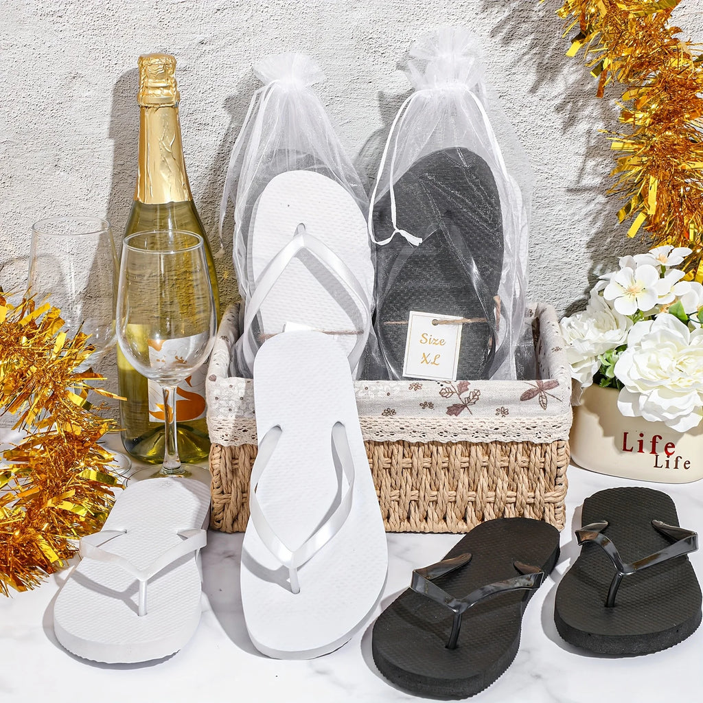 24 Pairs Bulk Wedding Guest Flip Flops with Matching Bags & Cards - Bulk PE Slippers for Pool Beach Party, White & Black Wedding