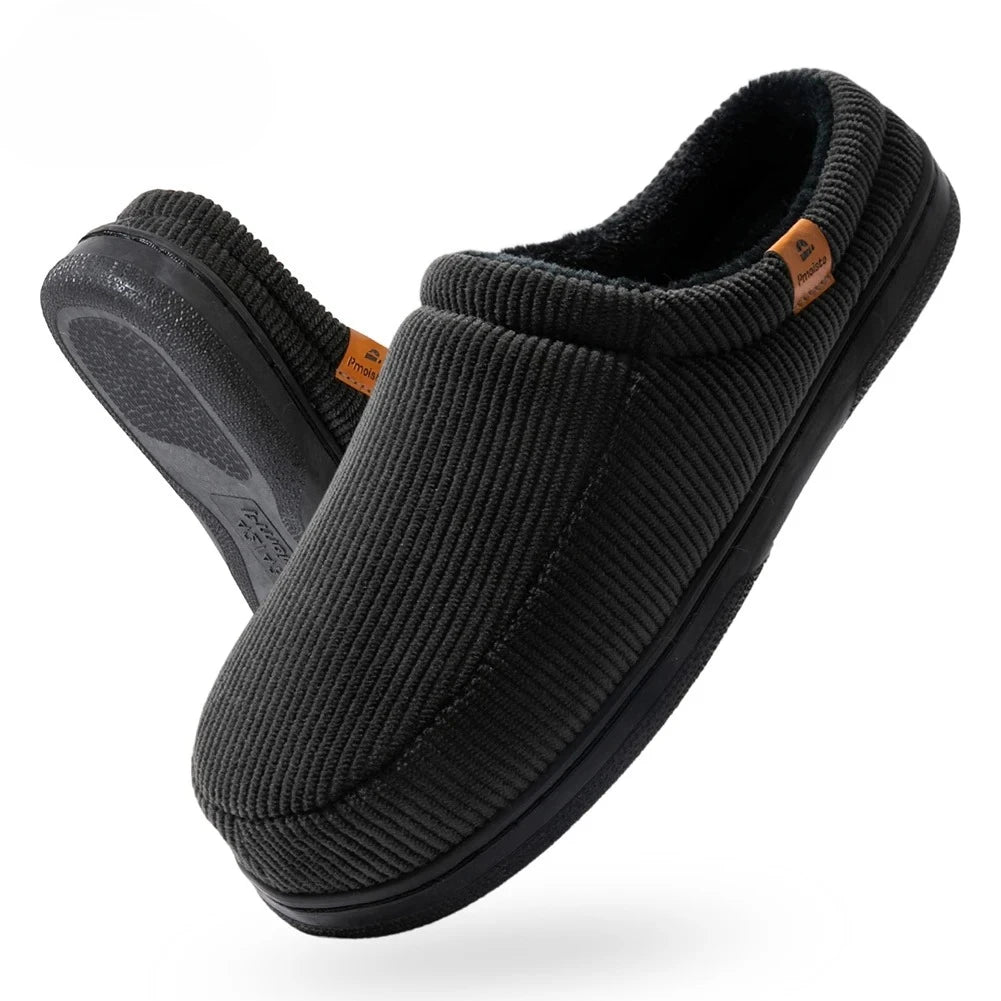 Pmoiste Stripe Corduroy House Shoes Men Warm Soft TPR Cushion Memory Foam Home Slippers Slip On Winter Indoor High-quality