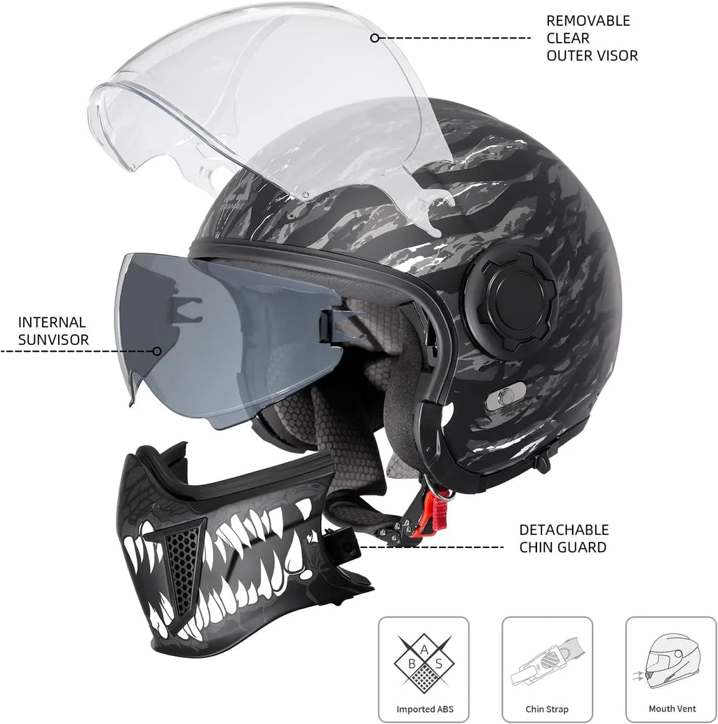 Full Face Motorcycle Helmets Off-Road Motocross Helmet for Men Women Dual Visor with Internal Tinted Sunshield Open Face 3/4 Adu