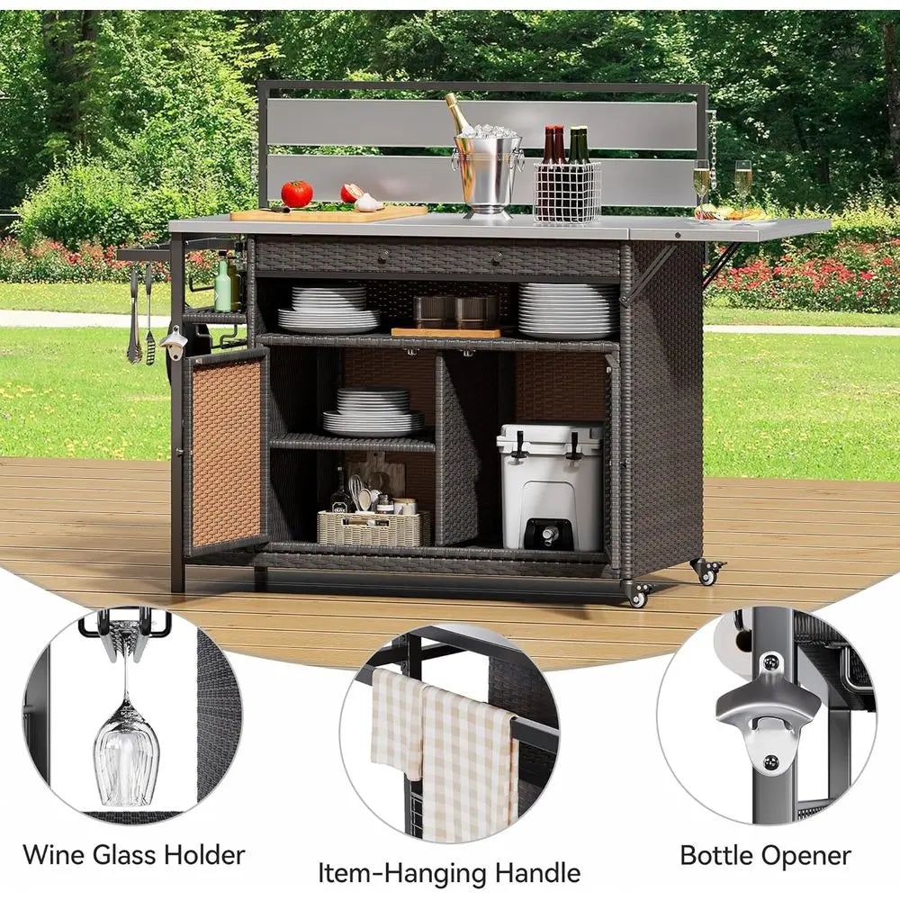 Outdoor Kitchen Island with Bar Table, Storage Cabinet, Stainless Steel Top, Wheels, and Side Handle in Brown