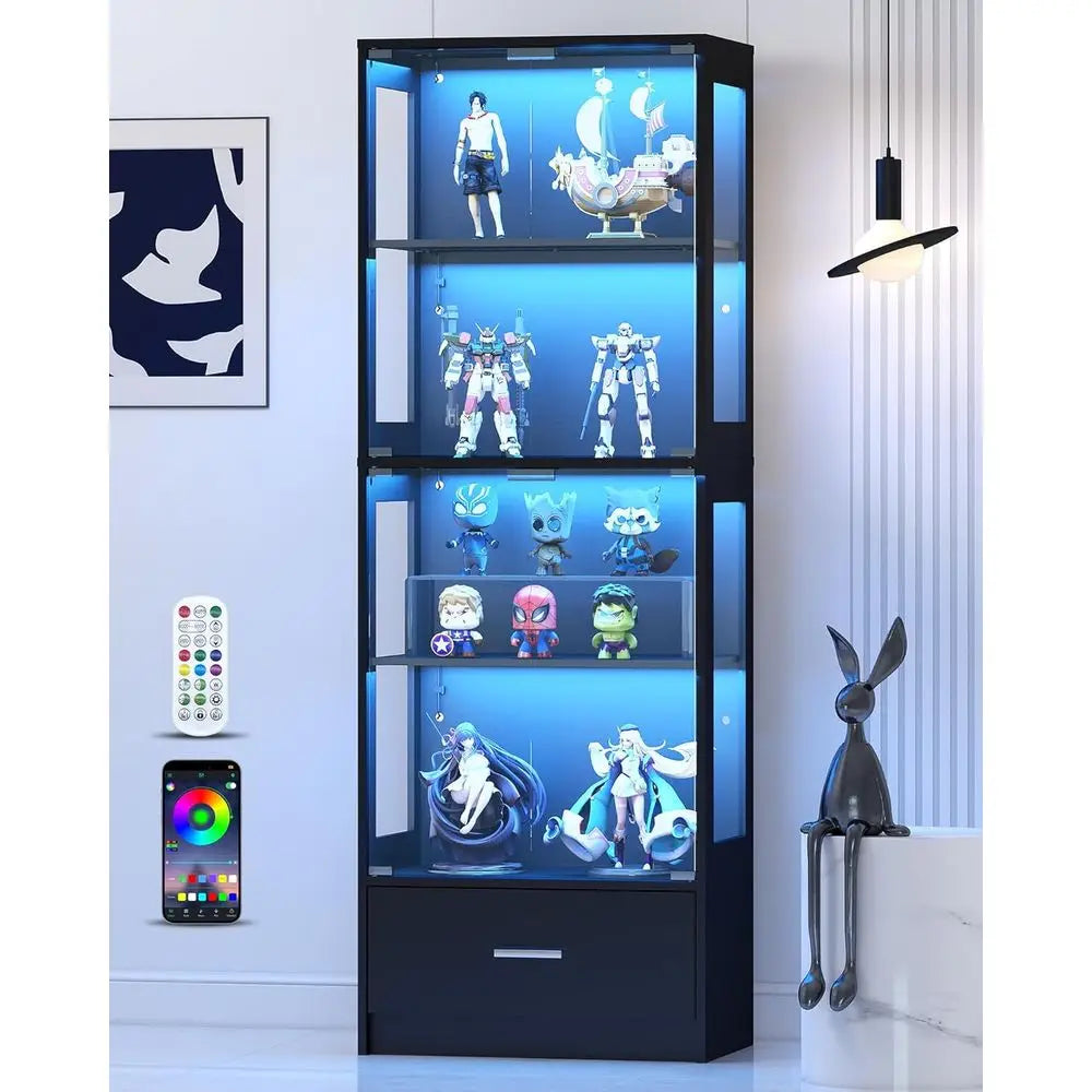 67 Tall Glass Door Display Cabinet with RGB Lighting and Drawer for Collectibles, 4-Tier Showcase for Living Room or Office, Bla
