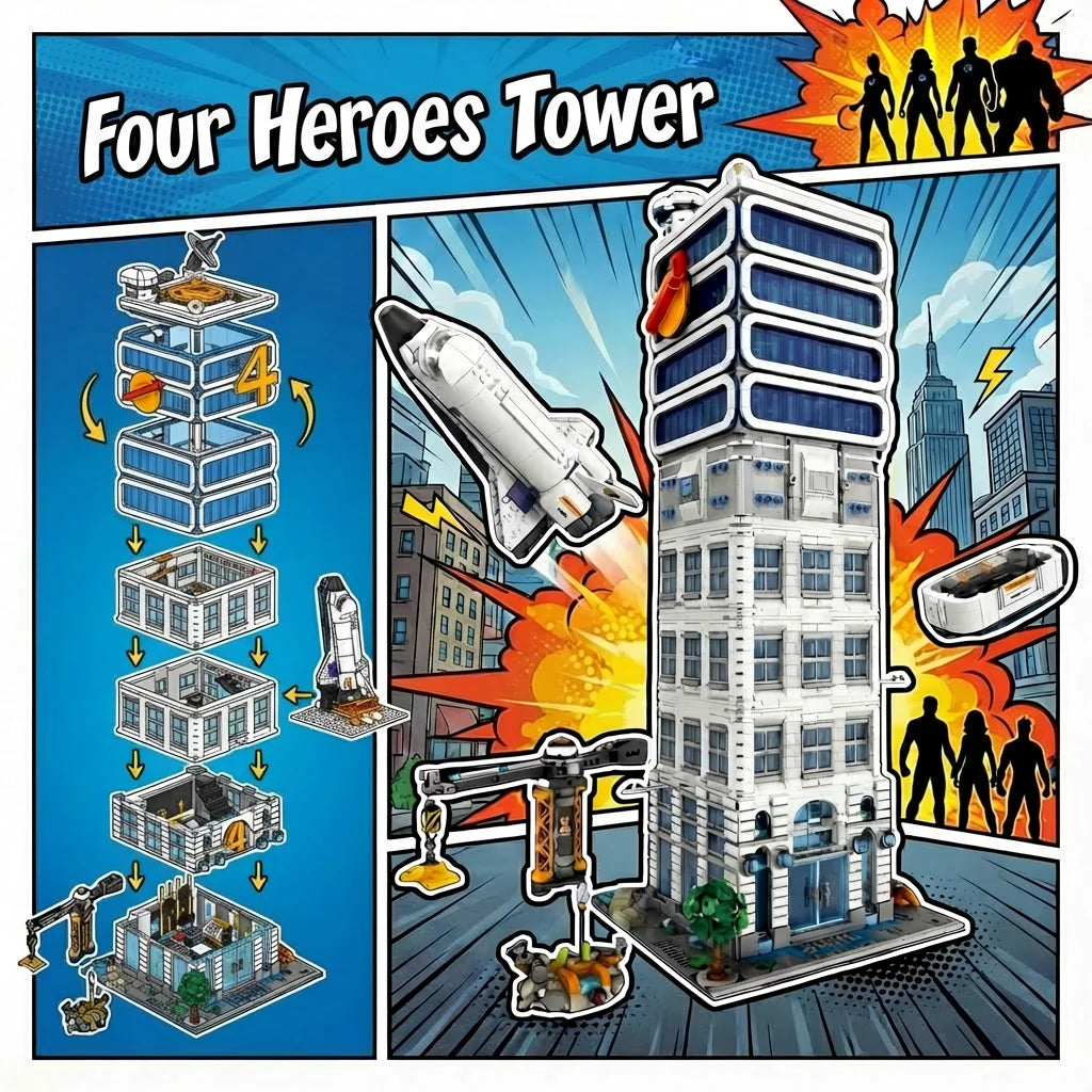  6135PCS Four Heroes Tower Buildings Sets Movie Architecture Modular Buildings Block Assembly Model Kit Creative Toy Adult Gift