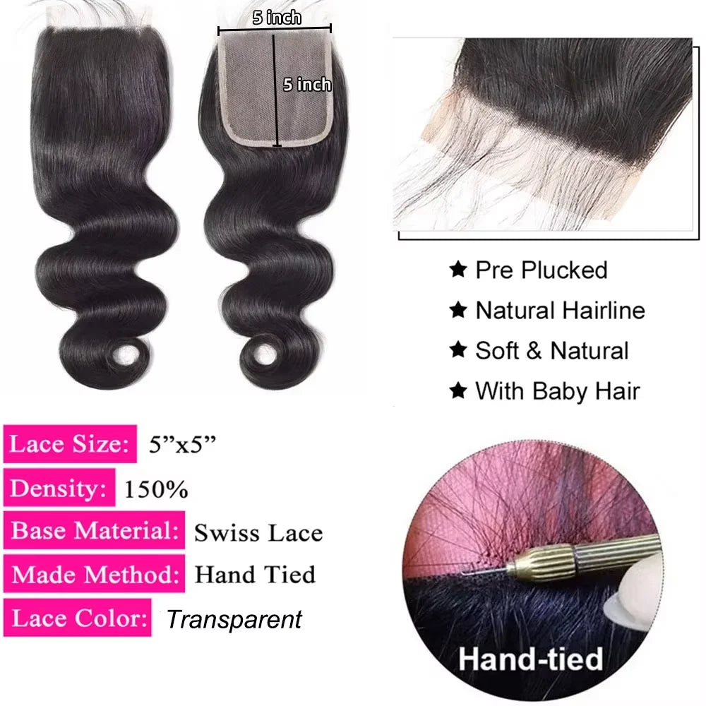 Unprocessed Peruvian Body Wave Human Hair Bundles With Closure Frontal Invisible Melt Skin 4x4 5x5 13x4 HD Lace 3 4 Bundle Weave