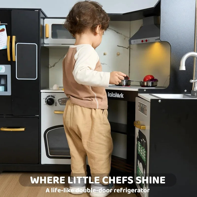 Joyfy Toddlers Wooden Corner Kitchen Pretend Playset with Fake Food Toys Real Lights Sounds Play Kitchen Set for Kids