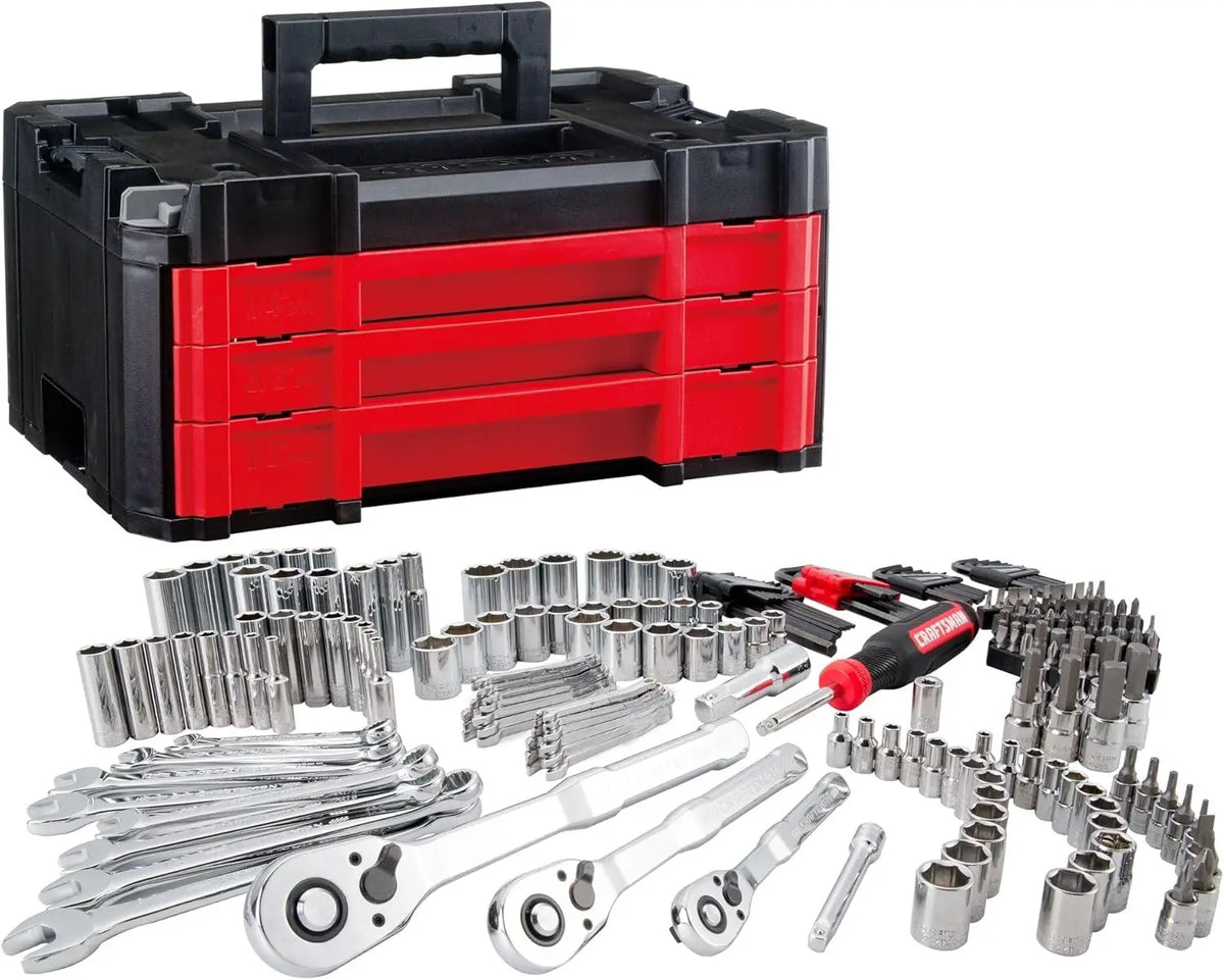 230 Pcs Mechanics Tool Set with Socket Wrench, Car Tool Kit, SAE and Metric Drives, Hex Keys in Versastack Toolbox