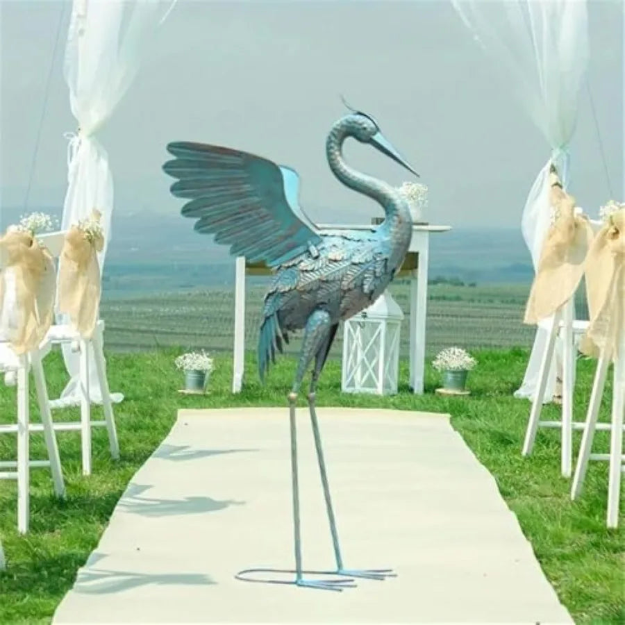 Modern Blue Metal Crane Garden Sculpture 33.37 in Height Weather-Resistant Finish Artistic Handcrafted Design Elegant Home or O