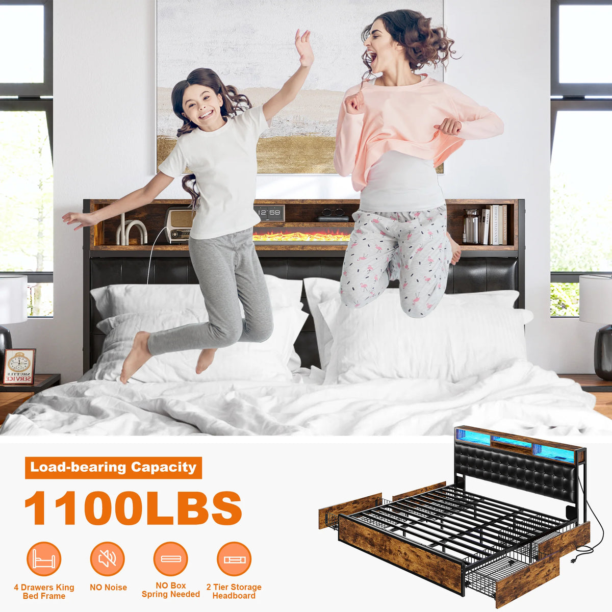 Upholstered LED Bed Frame with 4 Storage Drawers & Charging Station Platform Bed Frame with Storage Headboard No Noise
