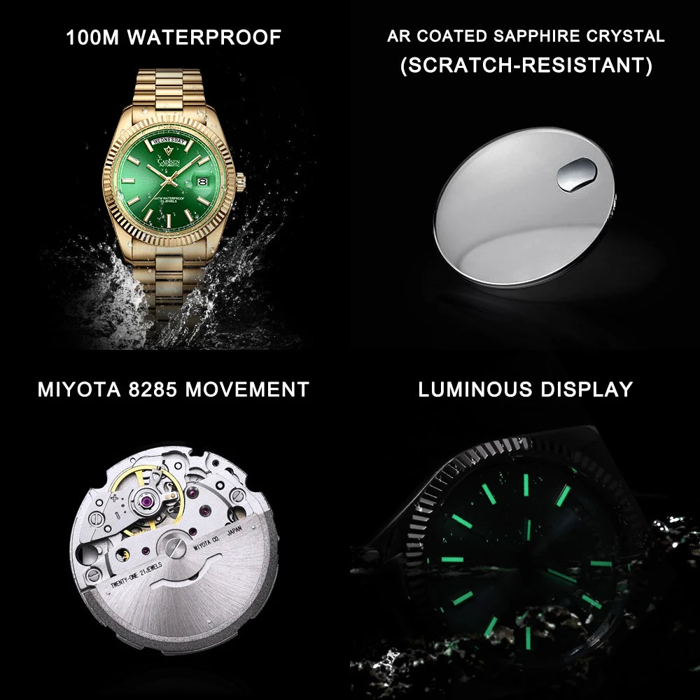 CADISEN Men Watches Luxury Golden Automatic Mechanical Watch Men Sapphire Glass 10Bar MIYOTA 8285 Movement DD40 Week Wristwatch