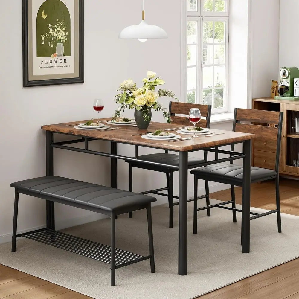 Dining Table Set or 4, Kitchen Table with Upholstered Bench and 2 Chairs, Kitchen Table and Chairs Set or Small Space, Aparent,