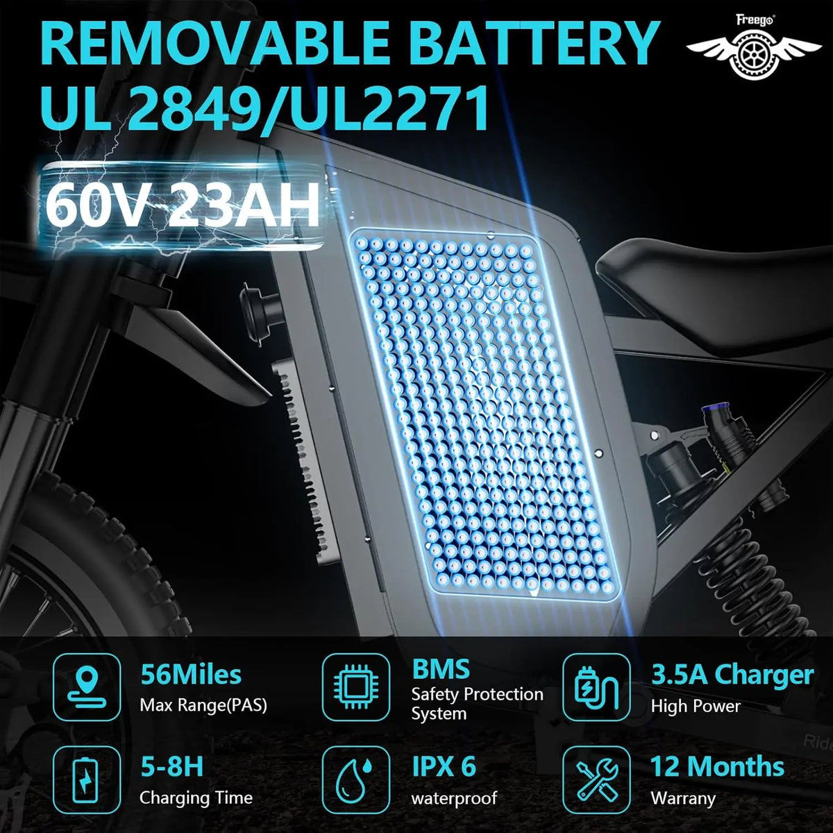 Freego X0 Electric Dirt Bike for Adults 3600W Motor 60V Battery Electric Mountain Bike 40MPH Dual Hydraulic Disc Brakes E-bike