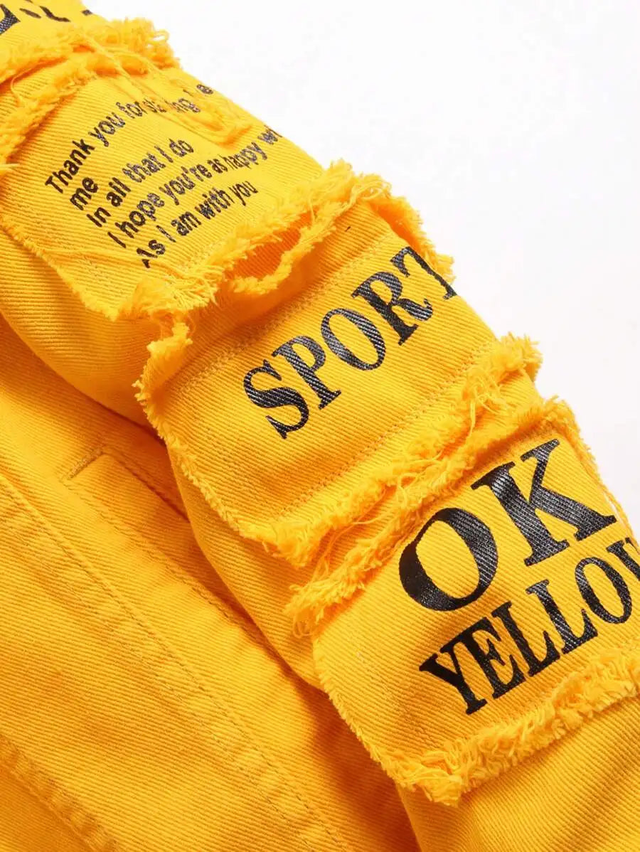 Men's Yellow Distressed Denim Jacket with Slogan Patches, Long Sleeve, Casual Fall Wear