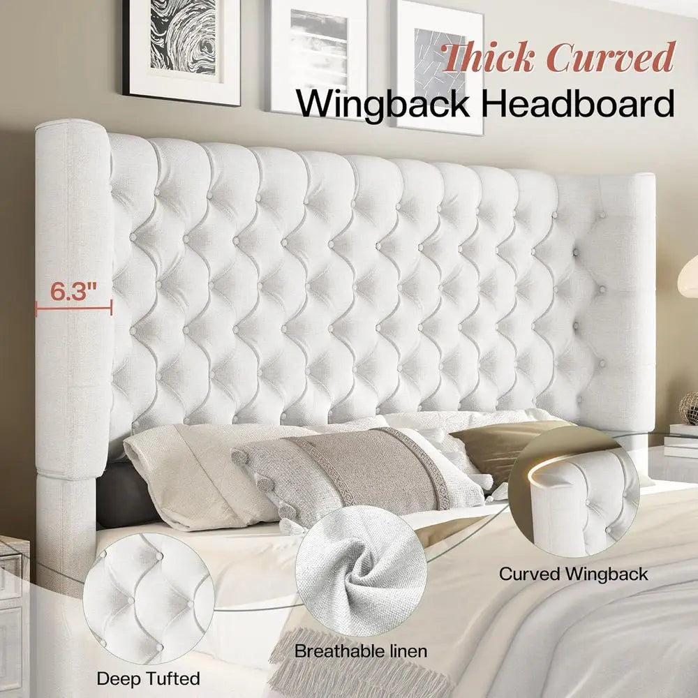 Queen Size Platform Bed with 6.3 Thick Upholstered Wingback Headboard, Deep Button Tufting, Easy Assembly, No Box Spring Needed,