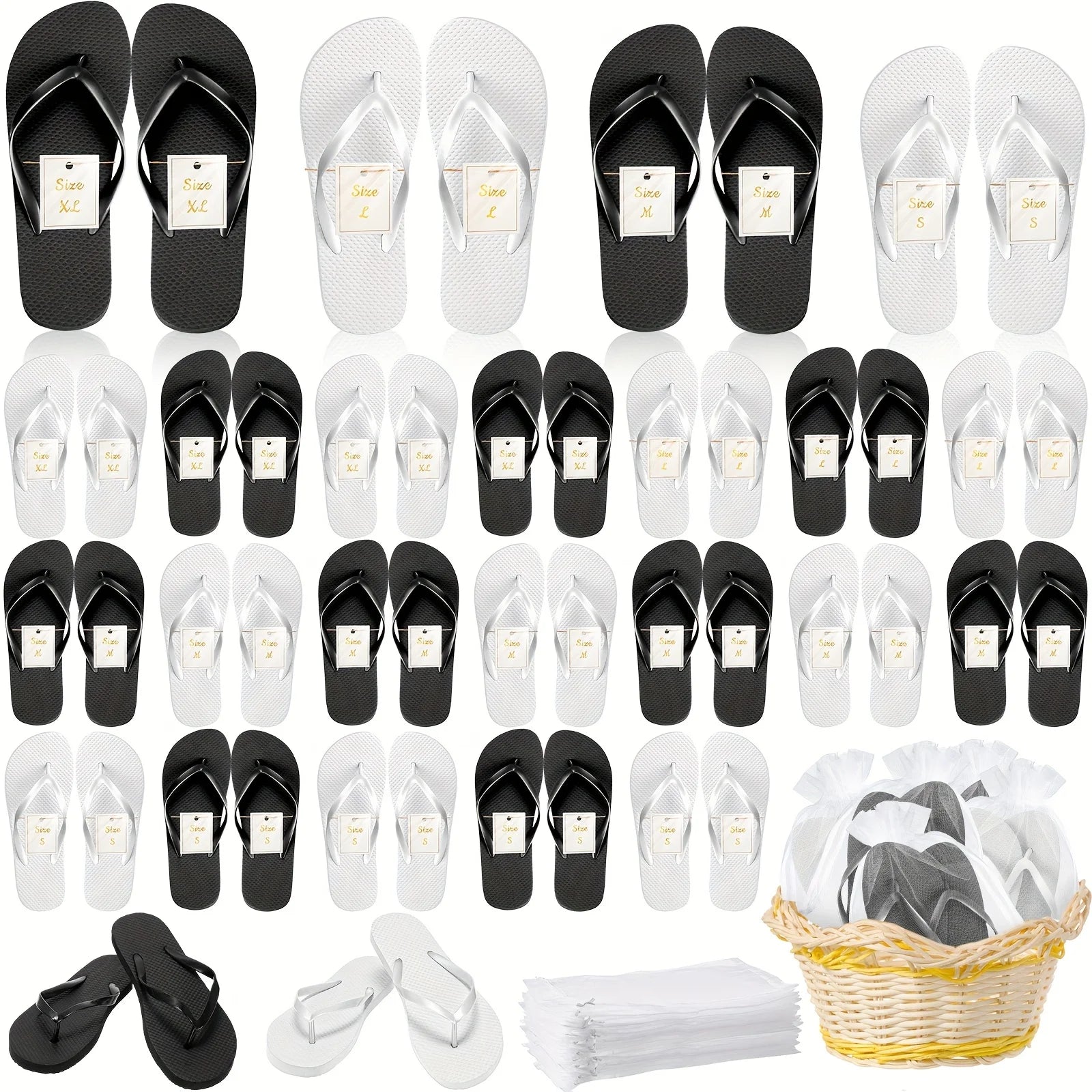 24 Pairs Bulk Wedding Guest Flip Flops with Matching Bags & Cards - Bulk PE Slippers for Pool Beach Party, White & Black Wedding