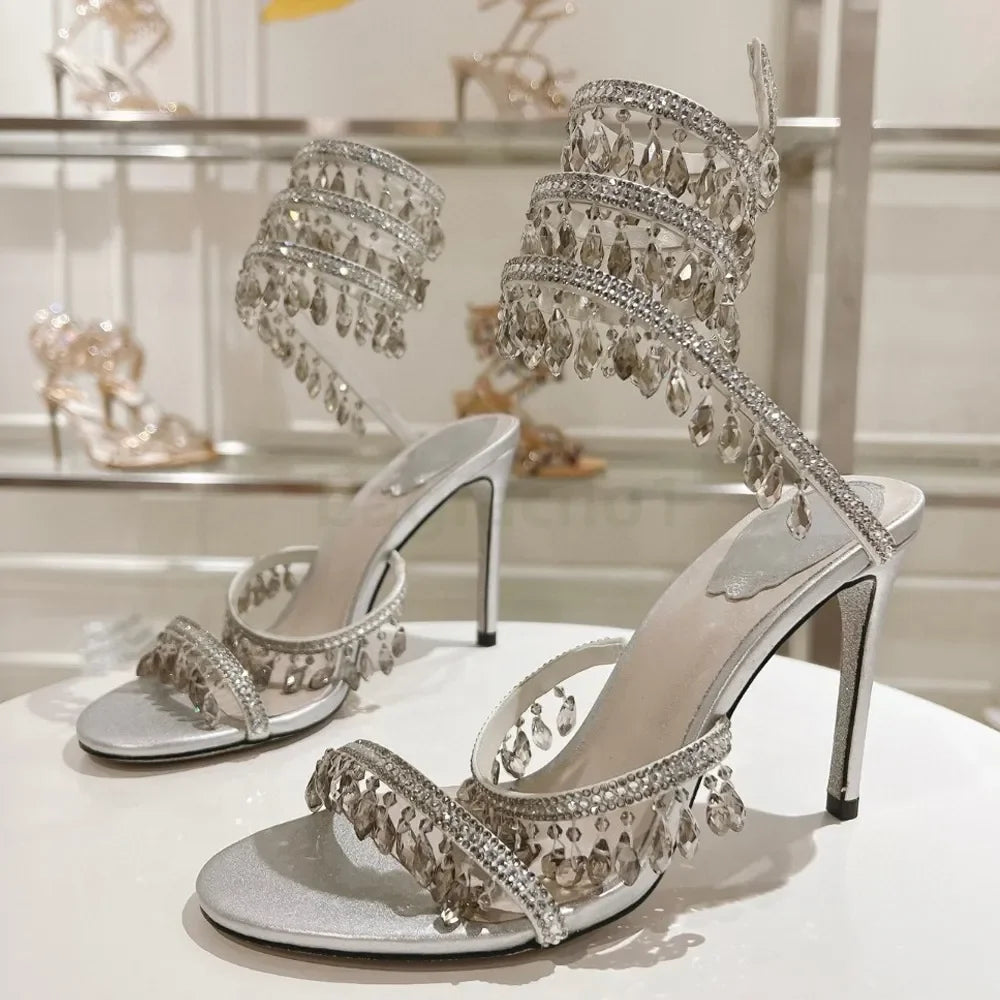 95mm Ankle strap Wraparound women high heeled sandal rhinestone flower Evening shoes Large size 34-43 Bring box heels