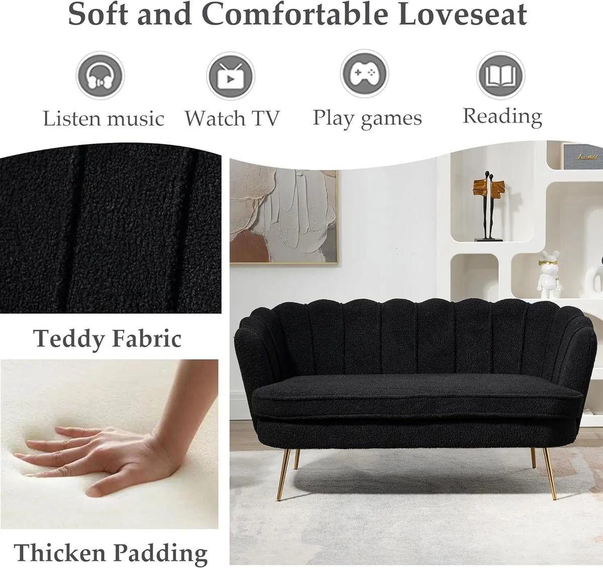 59" Modern Boucle Loveseat 2-Seater Sofa Gold Metal Legs Small Space Office Studio Apartment Black, Customized