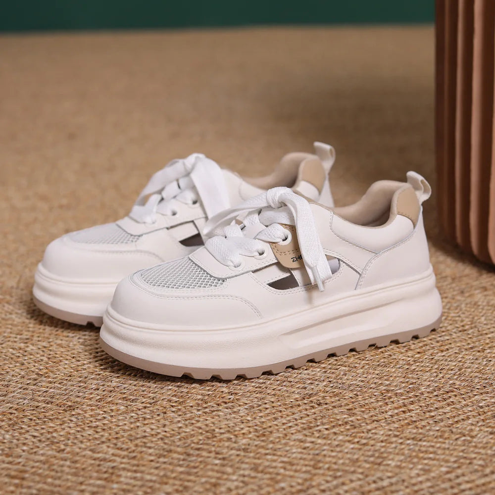 2026 New Women's White Sneakers Breathable Mesh Shoes Thick Sole Platform Casual Shoes Retro Street Style Walking Trainers