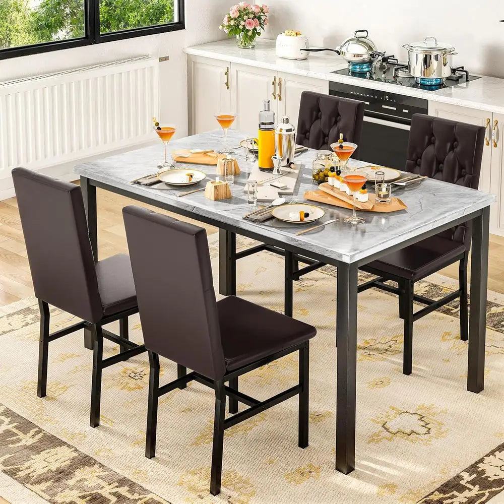 Luxurious Button-Tufted 4-Piece Marble Kitchen Table Set with Brown Dining Chairs