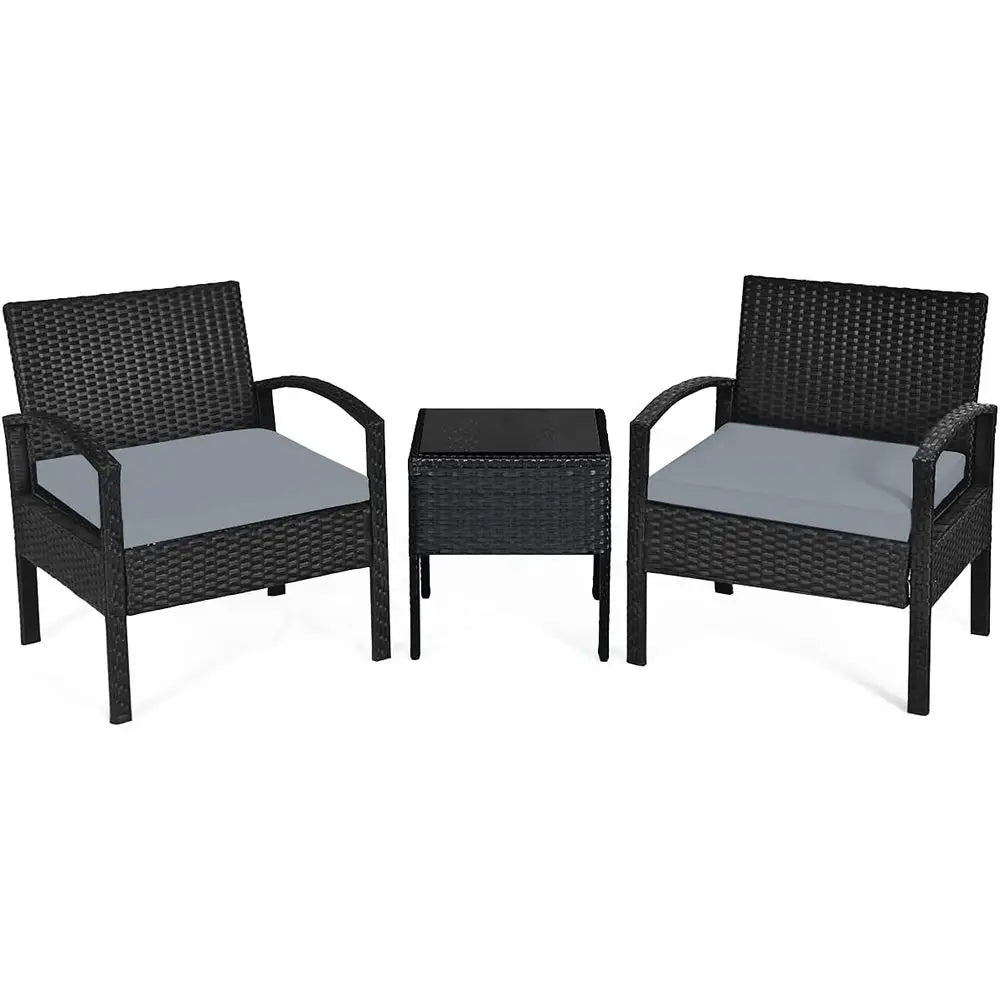 Grey Outdoor Patio Furniture Set: 3-Piece Rattan Sectional with 2 Chairs & Coffee Table for Garden, Balcony, Backyard, Poolside