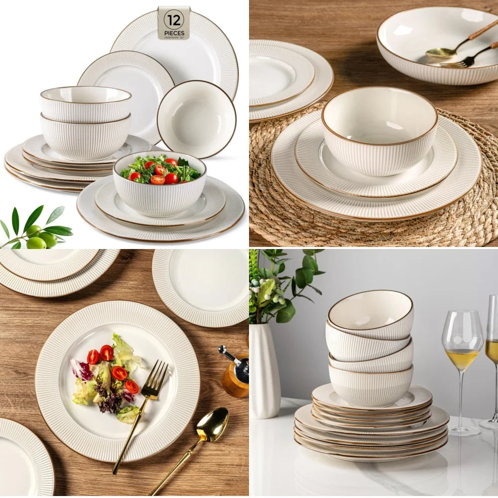 Ceramic Tableware Set12 Piece Ceramic Dinnerware Set Embossed Stoneware Plates and Bowls for 4 Perfect for Everyday Use and