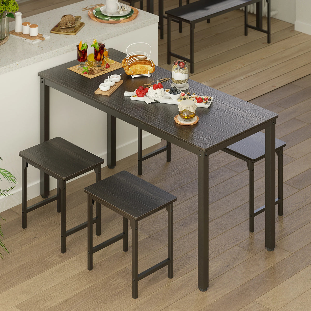 4-Piece Dining Table Set for 4, 55" Kitchen Table with Bench & 2 Stools, 4-Person Space-Saving Dinette for Kitchen, Dining Room