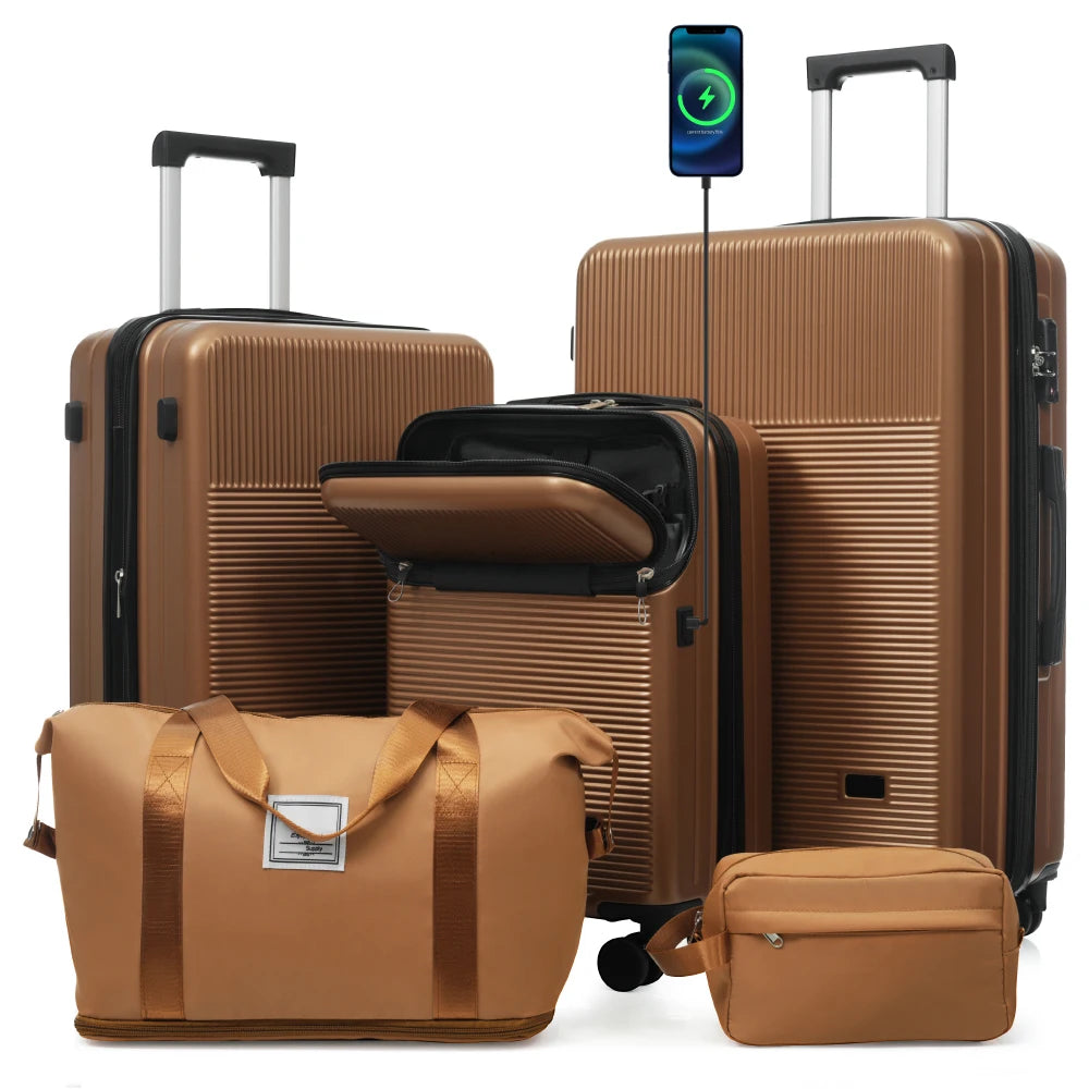 Lightweight 5PCS Hardside Luggage Set Half Opening Carry-on Suitcase Double Spinner Wheels USB TSA Lock Travel